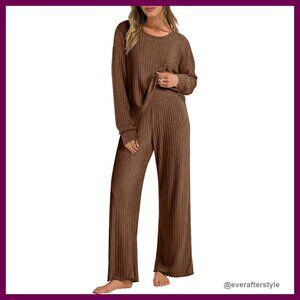Ribbed Knit Lounge Set Loose Fit Long Sleeve Pajamas Casual Chic Comfy